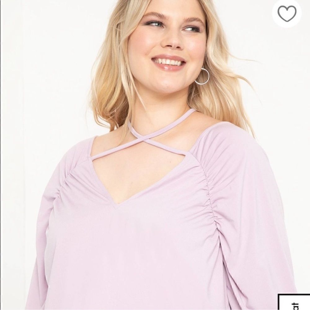Eloquii- Women’s Plus Size Ruched Sleeve Tie Neck Top Blouse Lavender,Size 18/20